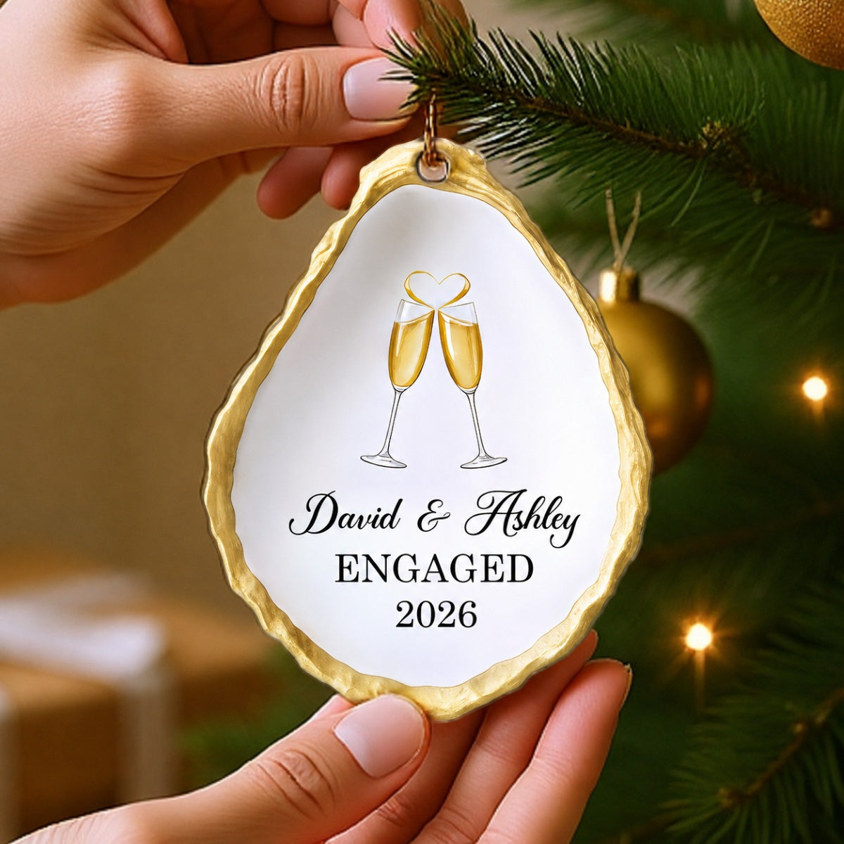 Oyster Shell Shaped Couple Engaged Personalized Flat Acrylic Ornament, Gift For Newly Engaged Couple