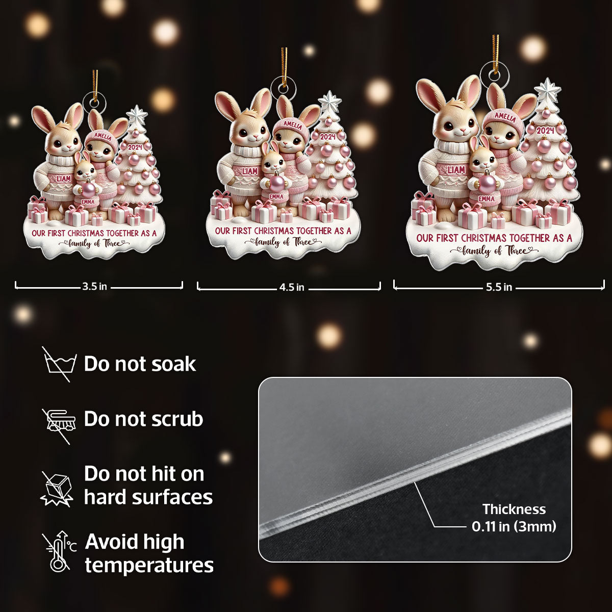 3D Effect Bunny Family Our First Christmas As A Family Of Three Christmas Personalized Acrylic Ornament, Newborns Gift, New Parents Gift