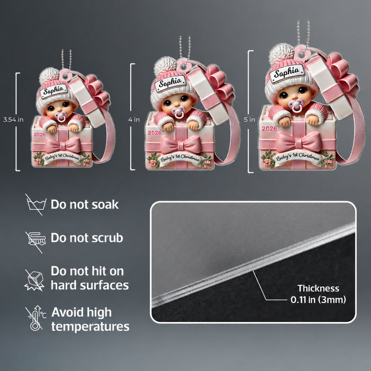 Baby Inside Gift Box 3D Effect - Personalized Acrylic Ornament - Lovely Keepsake to Celebrate Little Miracle, Christmas in July
