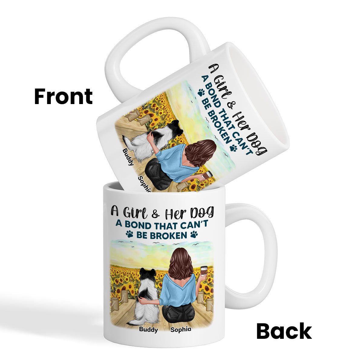 Girl & Dogs Bond Can‘t Be Broken Sunflower Field Personalized Mug