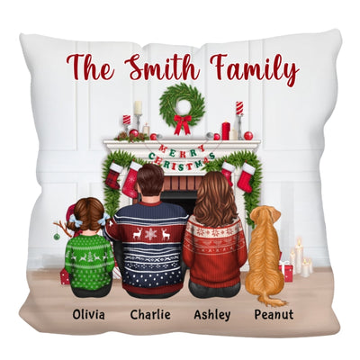 Family Dad Mom Kids Dogs Cats At Christmas Fireplace Personalized Pillow (Insert Included)