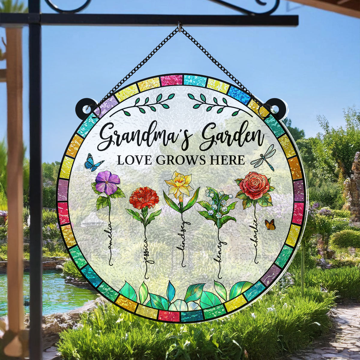 Grandma‘s Garden Love Grows Here Beautiful Birth Month Flowers Personalized Acrylic Suncatcher