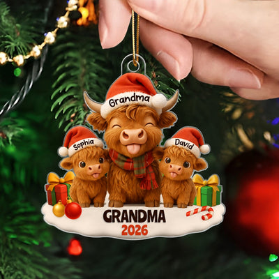 Grandma Grandkids Highland Cow Personalized Acrylic Ornament, Christmas Gift for Grandma, Grandkids