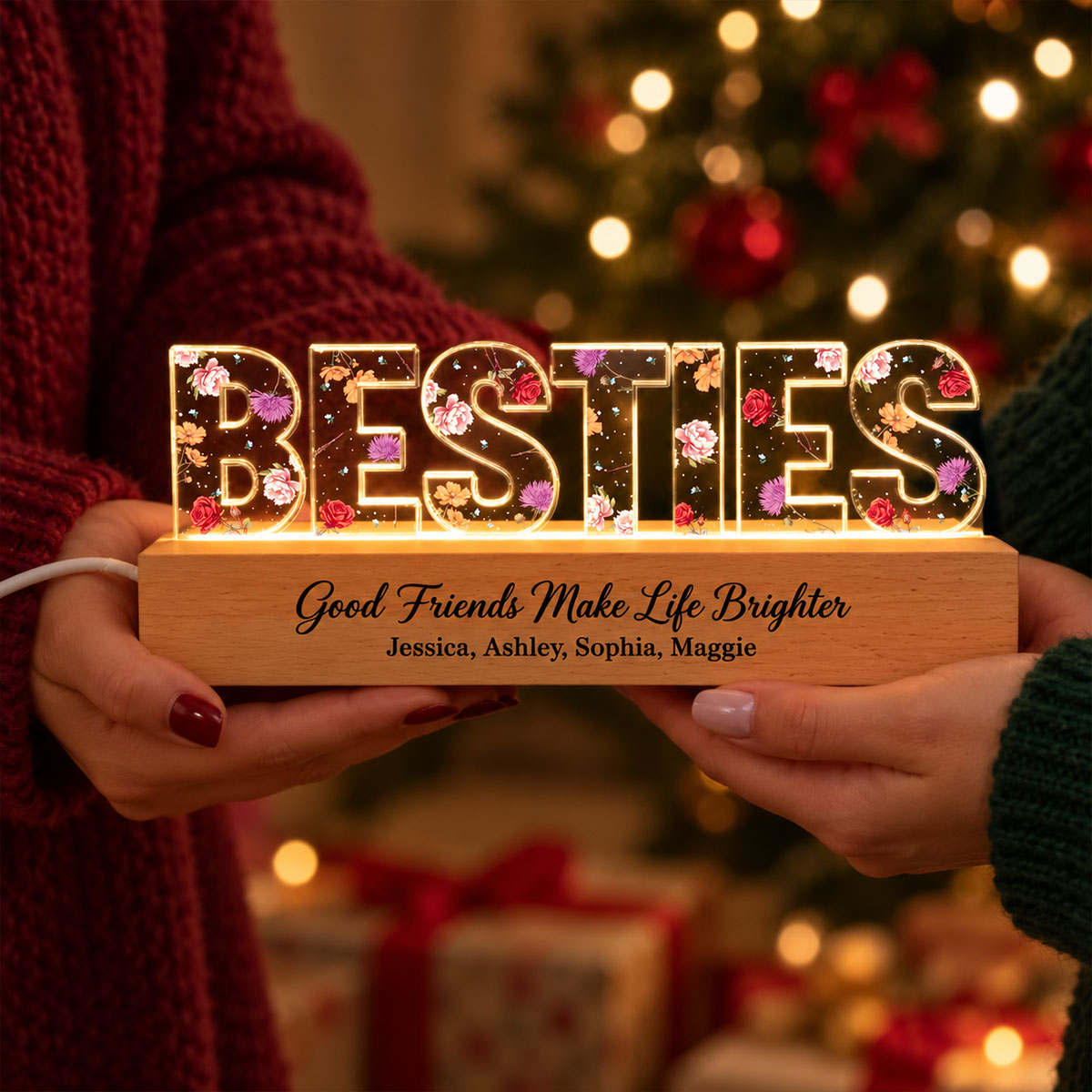 Besties Forever Together Custom Birth Month Flowers - Personalized Acrylic Plaque LED Night Light - Christmas Gift Best Friends, Besties