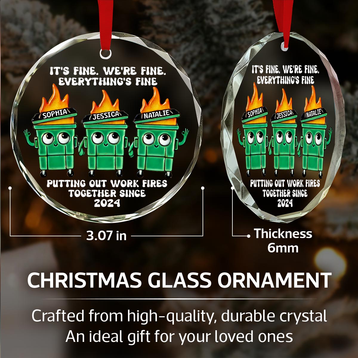 Putting Out Work Fires Together Work Bestie Dumpster Fire Funny Gift For Colleagues Personalized Glass Ornament