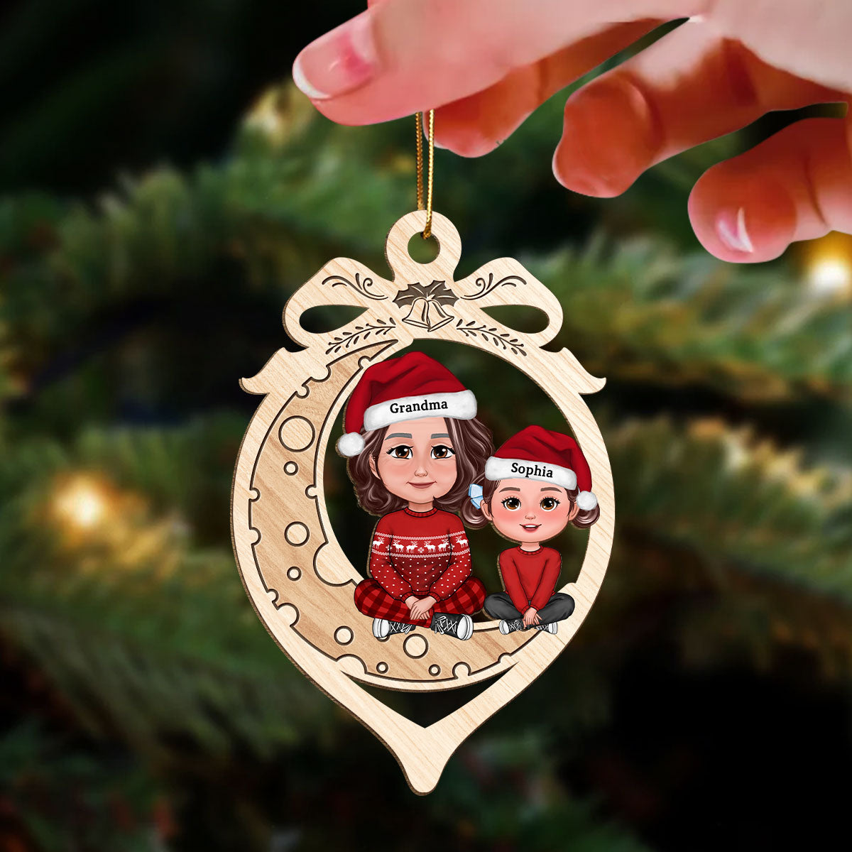 Grandma Grandkid Crossed Legs On Moon In Ornament Shaped Personalized Wooden Ornament