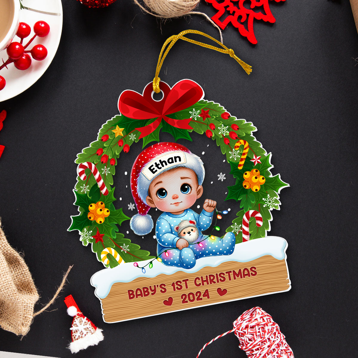 Baby's First Christmas Wreath Personalized Acrylic Ornament, Baby's First Christmas Keepsake for New Mom New Dad