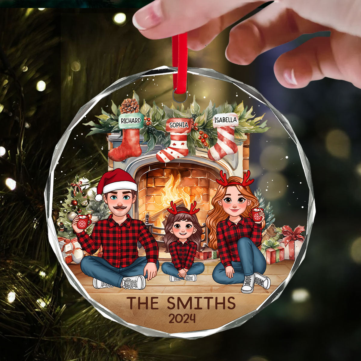 Animated Family Vintage Christmas Stockings Fireplace Personalized Glass Ornament, Christmas Gift For Family