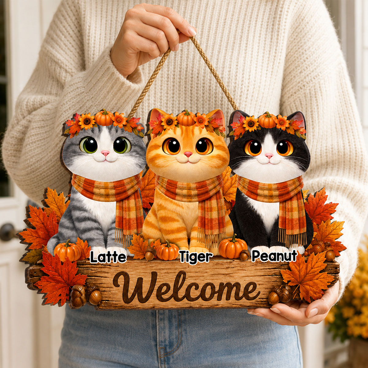 Fall Cats Welcome Door Sign - Personalized Door Sign - Fall Season Decor Gift, Gift For Cat Lovers