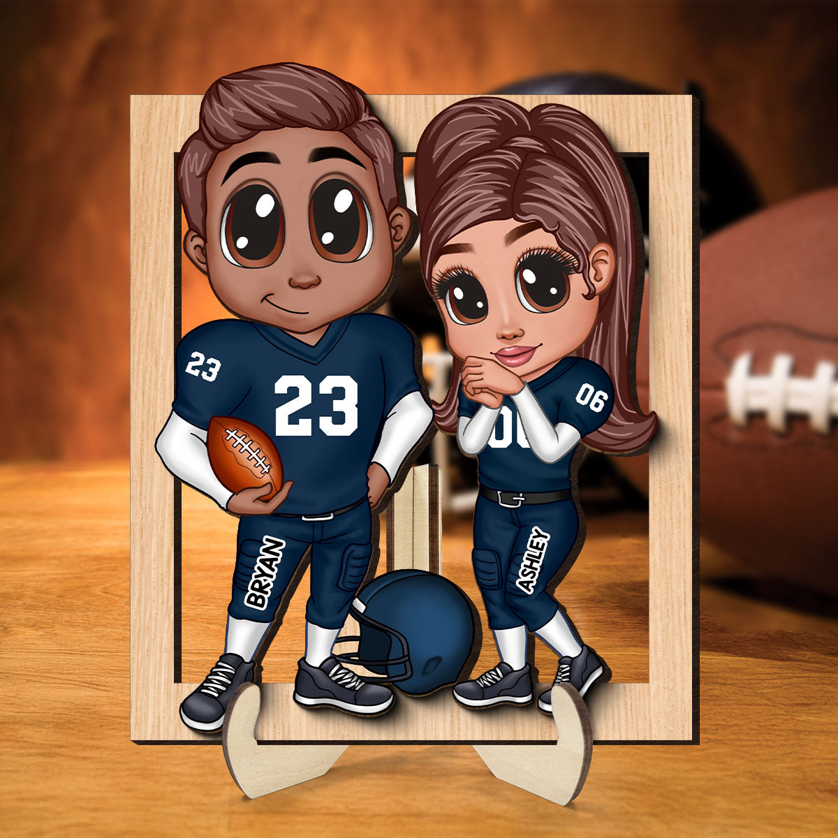 American Football Couple Y2K Style Frame Personalized 2-Layer Wooden Plaque,  Gift For Couples