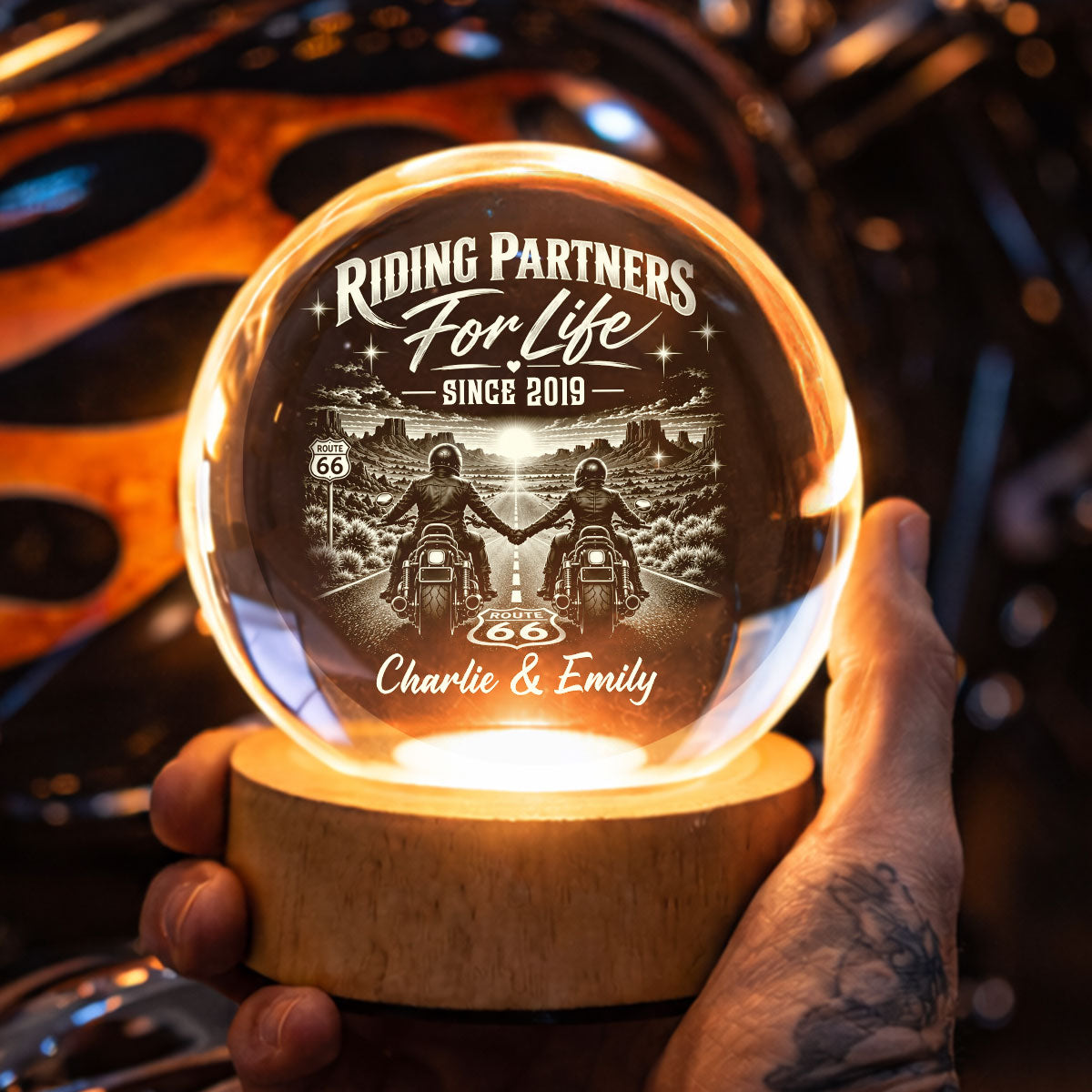Biker Couple Riding Partners For Life - Personalized Crystal Ball LED Night Light - Christmas Gift For Biker Couple, For Him, For Her, For Husband, For Wife