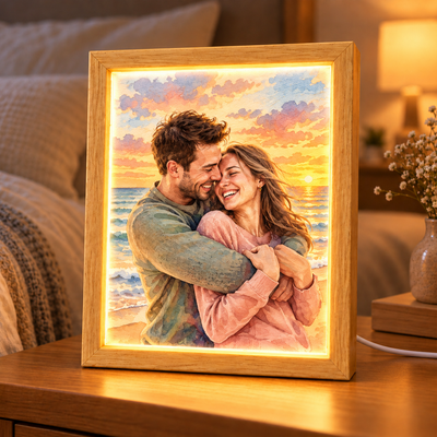 Custom Couple Watercolor Photo - Personalized Mirror Light Box - Heartfelt Christmas Gift for Her, for Him, Anniversary Gift for Couple