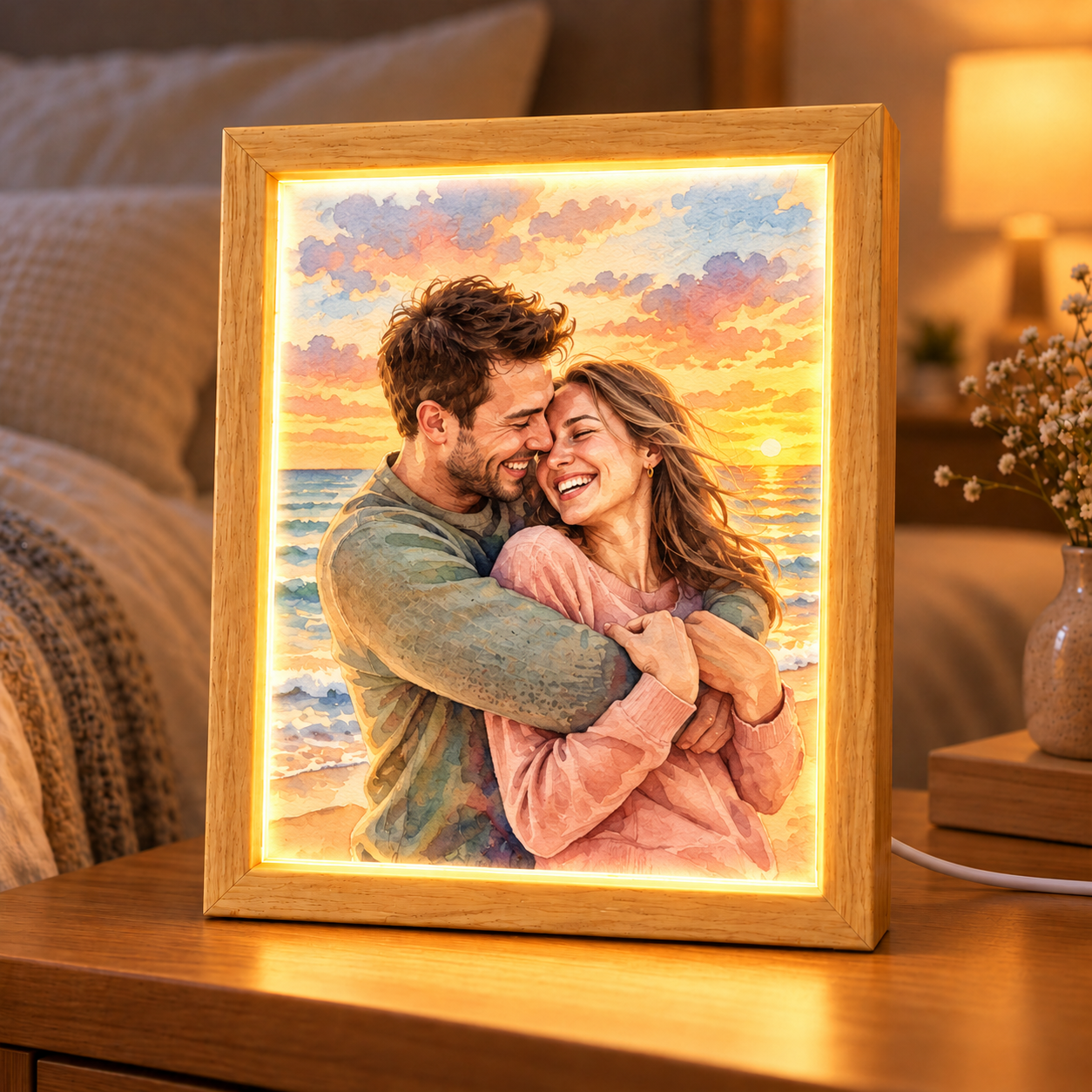 Custom Couple Watercolor Photo - Personalized Mirror Light Box - Heartfelt Christmas Gift for Her, for Him, Anniversary Gift for Couple