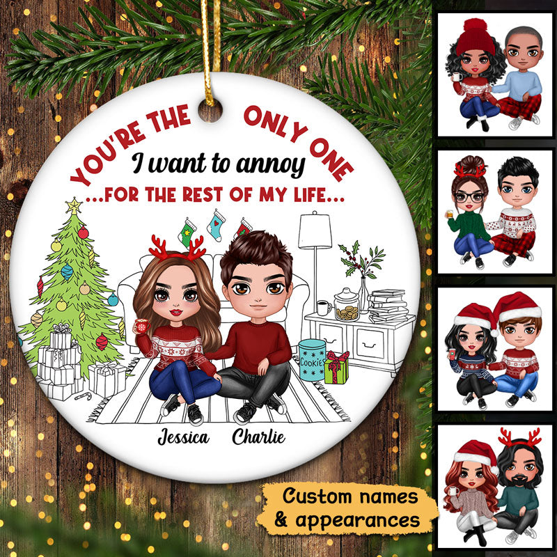 Outline Background Christmas Doll Couple Christmas Personalized Circle Ornament