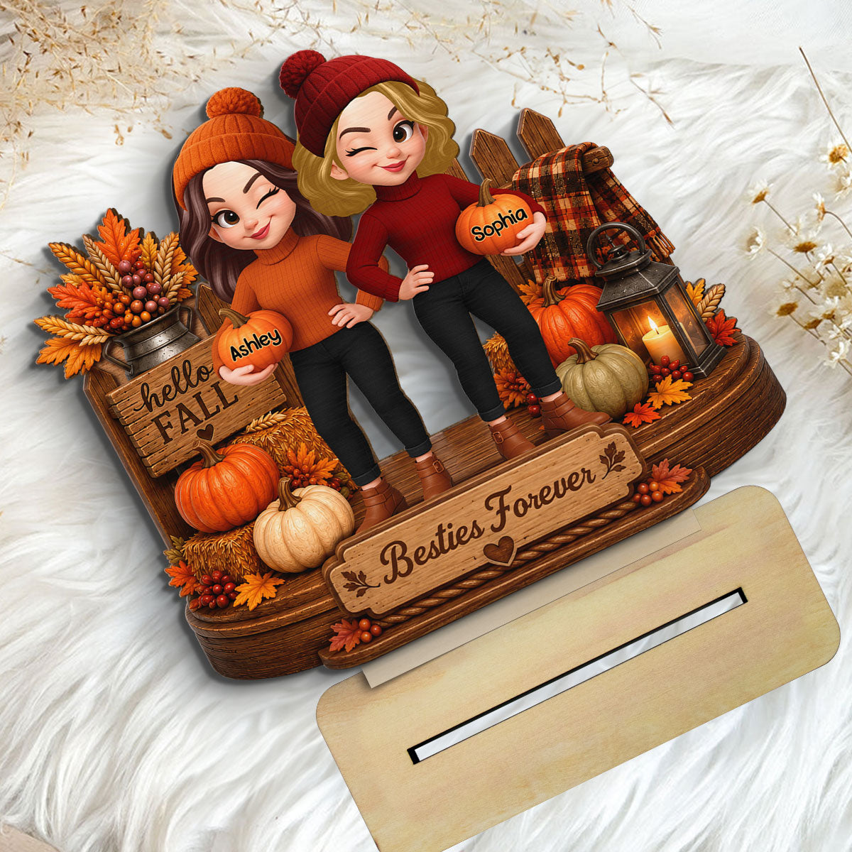 Besties Forever Fall Pumpkin Patch 2D Flat - Personalized Wooden Plaque - Cozy Fall Season Gift for Besties