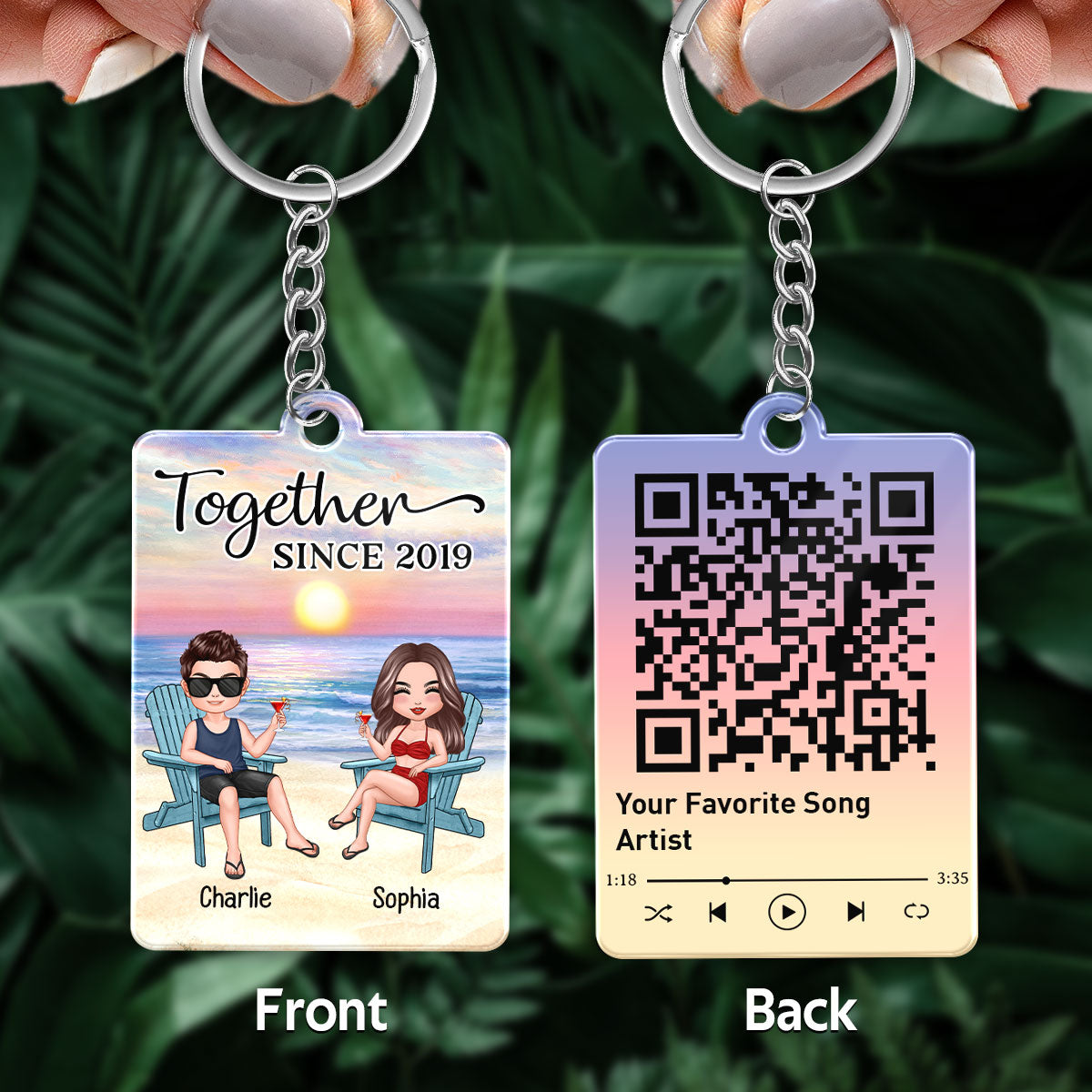 Doll Couple Sitting At Beach Favorite Song Scannable QR Code Personalized Acrylic Keychain