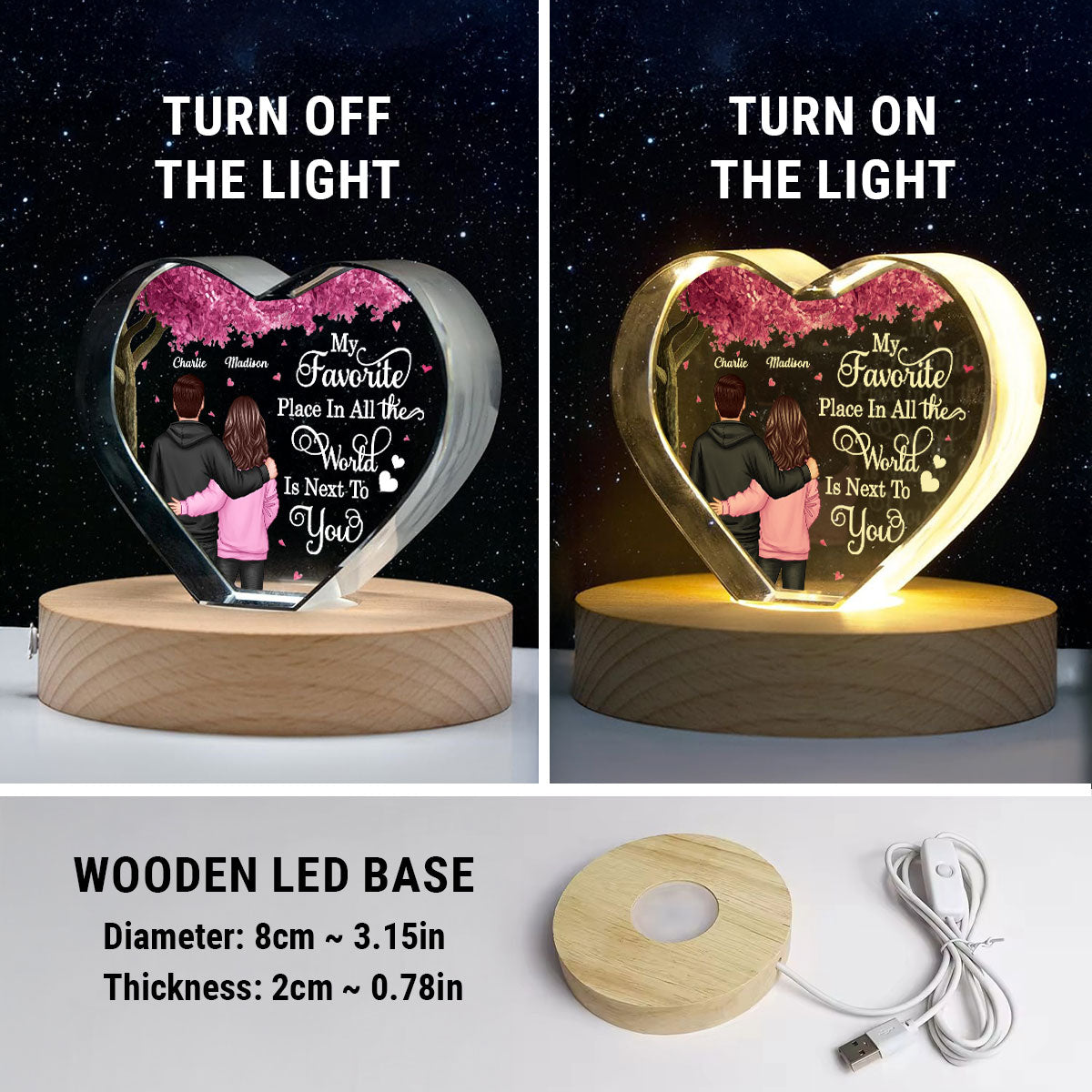 Couple Favorite Place in All the World Premium Crystal Heart LED, Treasured Forever Keepsake,  Gift For Him, Gift For Her - Free Shipping Included