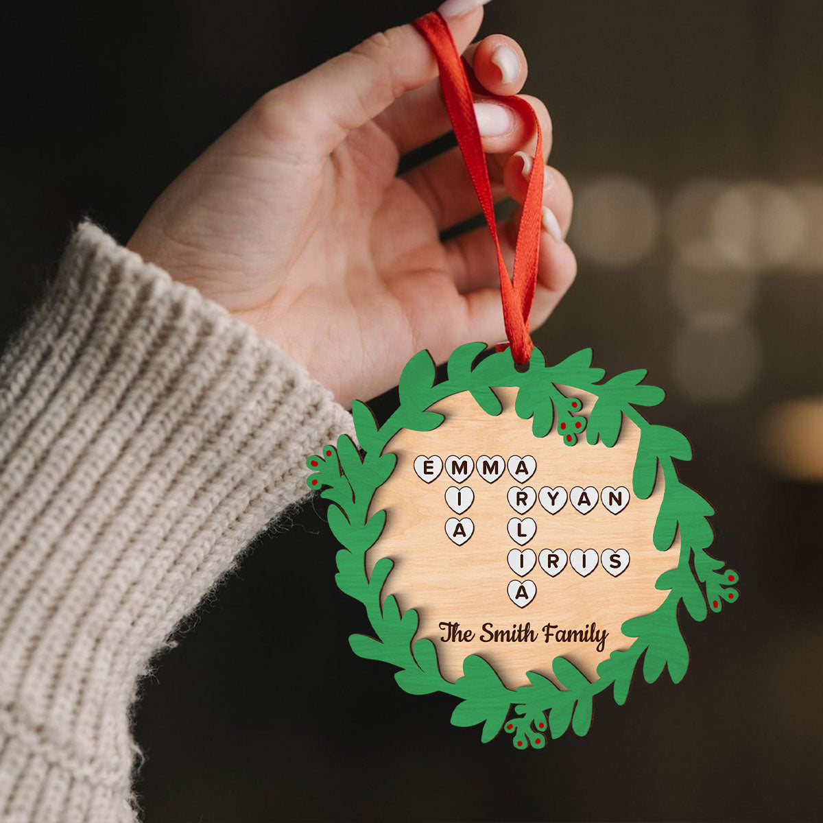 Family Names Crossword Puzzle Art Wreath Shaped Personalized 2-Layer Wooden Ornament