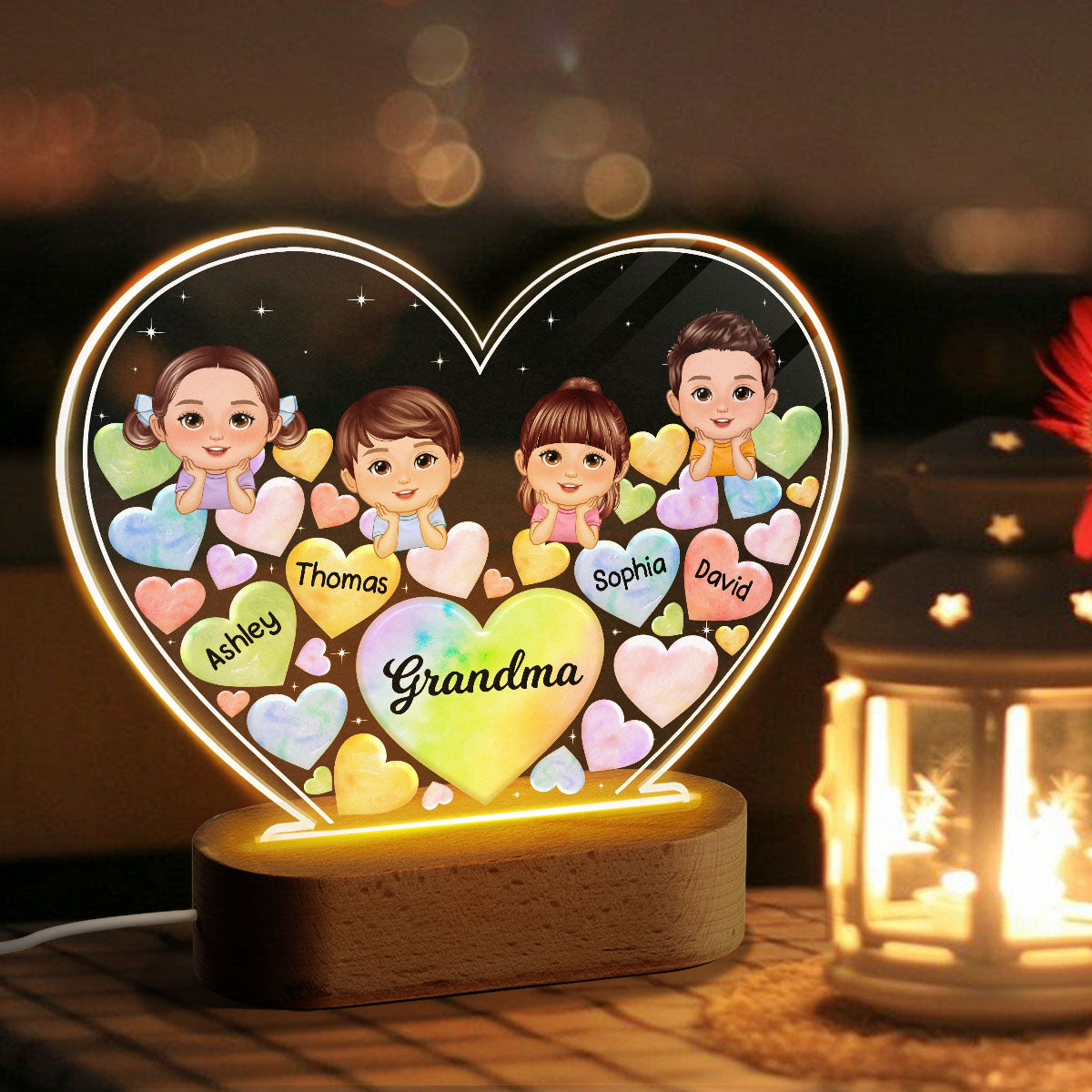 Kids Chin On Hand Hearts In Heart Gift For Mom Grandma Personalized Heart Acrylic LED Night Light