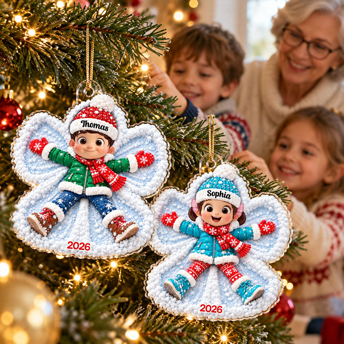 Snow Angel Cute Boy Girl Making Snow2D Flat - Personalized Acrylic Ornament - Christmas Gift for Daughter Son Granddaugter Grandson