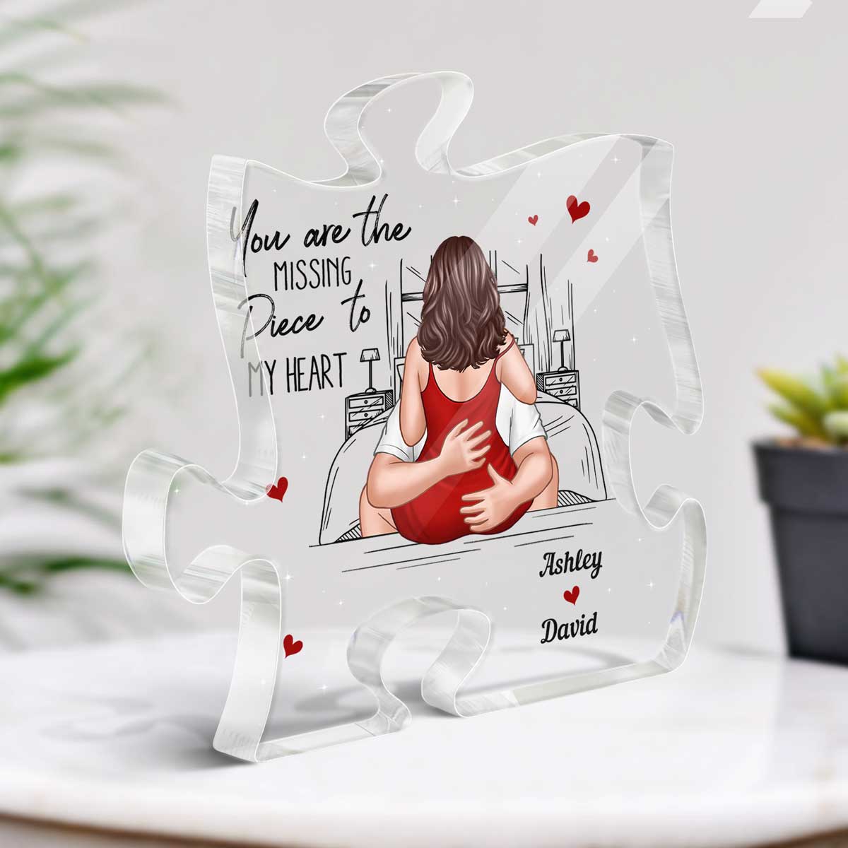 The Missing Piece To My Heart Kissing Couple On Bed Personalized Puzzle Plaque