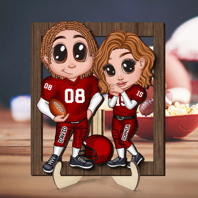 American Football Couple Y2K Style Frame Personalized 2-Layer Wooden Plaque,  Gift For Couples