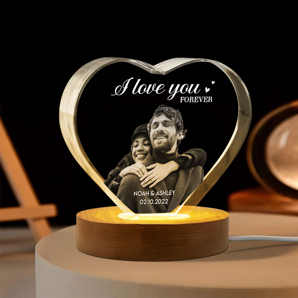 Couple 3D Upload Photo Premium Crystal Heart LED, Personalized Heart Crystal With LED Base Optional, Perfect Valentine's Gift For Couple, For Him, For Her, Free Delivery