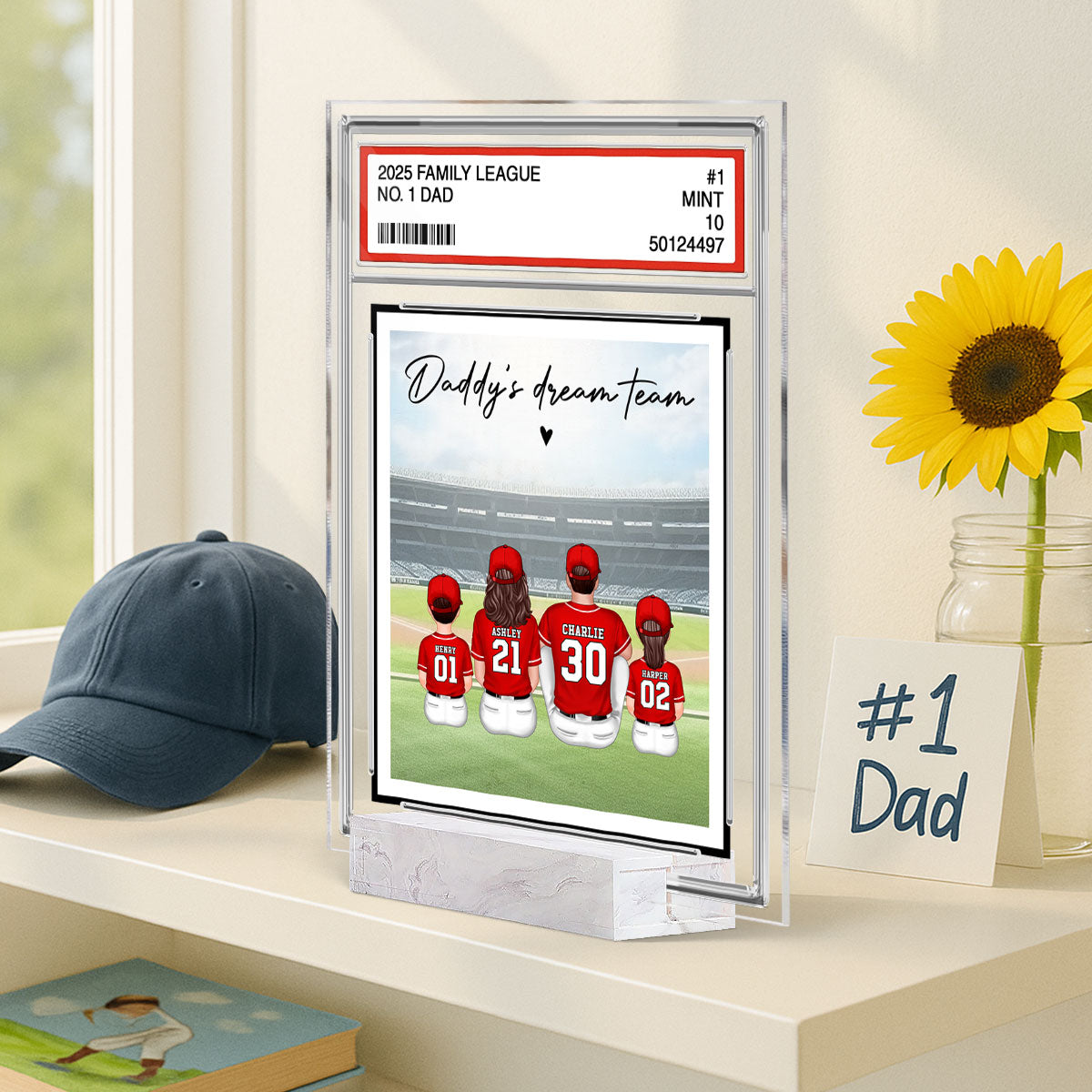Baseball No. 1 Dad Man & Kids Sitting Trading Card Style Personalized Acrylic Plaque