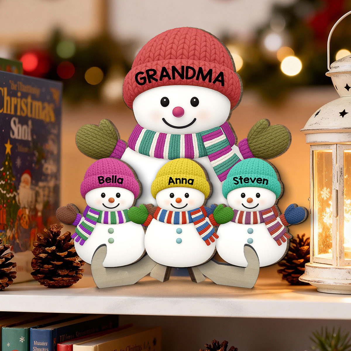 Christmas Grandma Grandkids Snowman Together - Personalized 2-Layered Wooden Plaque - Gift For Grandmas
