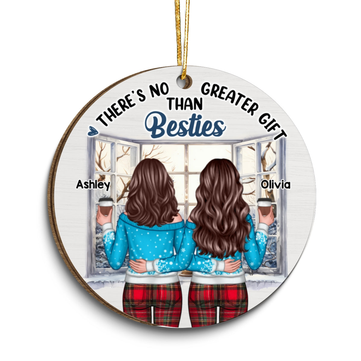 Christmas Besties Sister Standing Back View Window Personalized Wooden Ornament