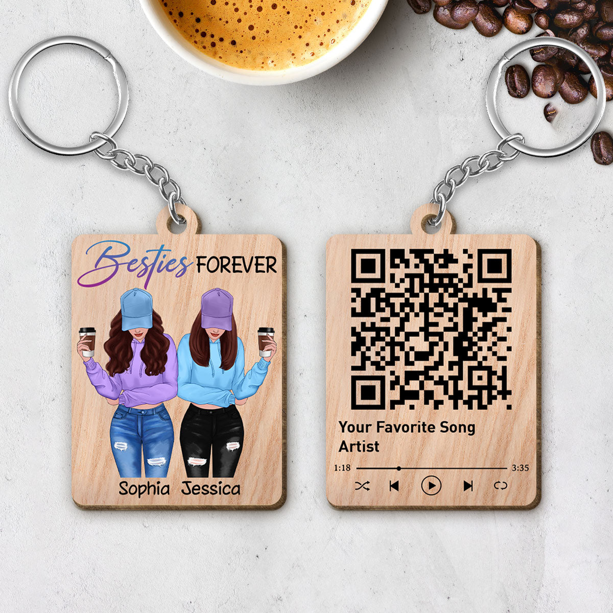 Front View Besties Favorite Song Scannable QR Code Personalized Wooden Keychain