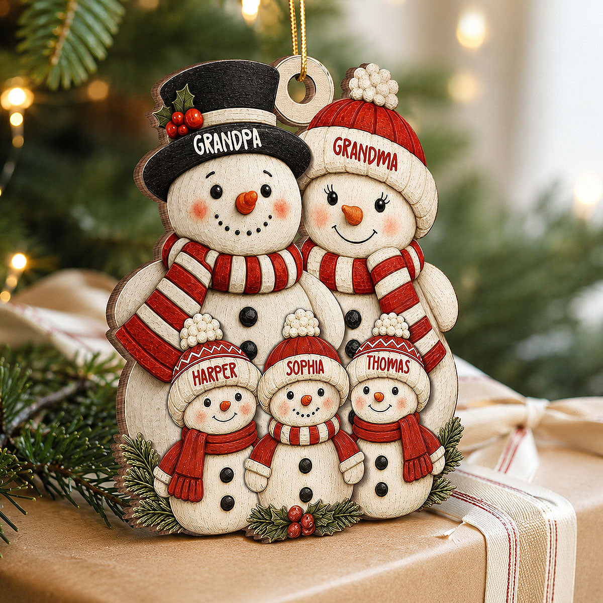 Cute Snowman Grandparents & Grandkids 2D Flat Printed - Personalized Wooden Ornament - Christmas Tree Decor For Family, Grandma, Grandpa