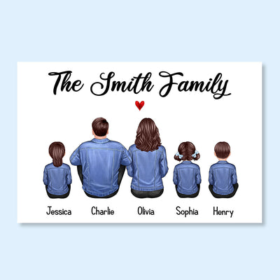 Whole Family Back View Denim Couple Dad Mom Kids Dogs Cats Sitting Personalized Horizontal Poster