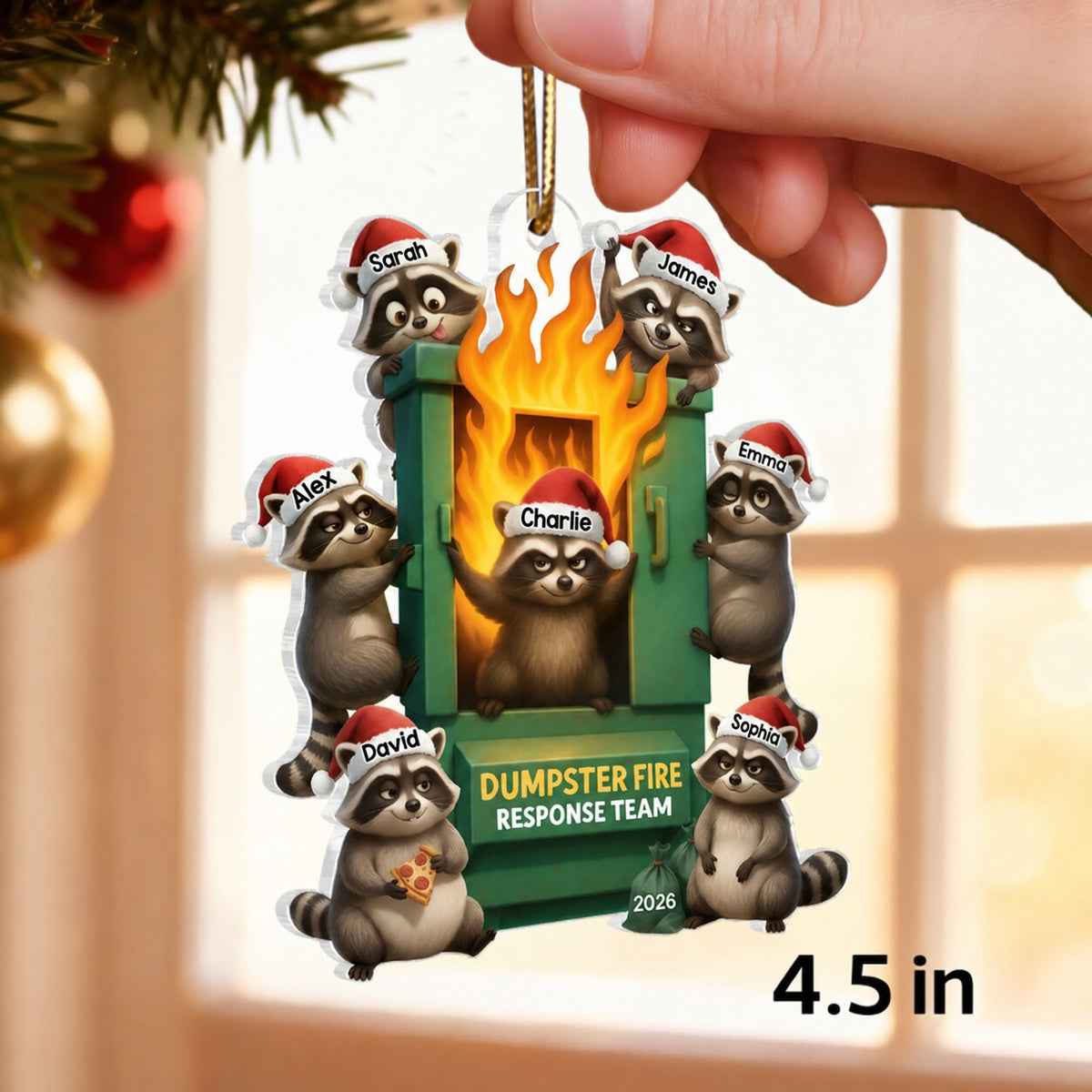 Cunning Raccoon Office Chaos Dumpster Fire Response Team - Personalized Acrylic Ornament - Funny Holiday Gift for Coworkers
