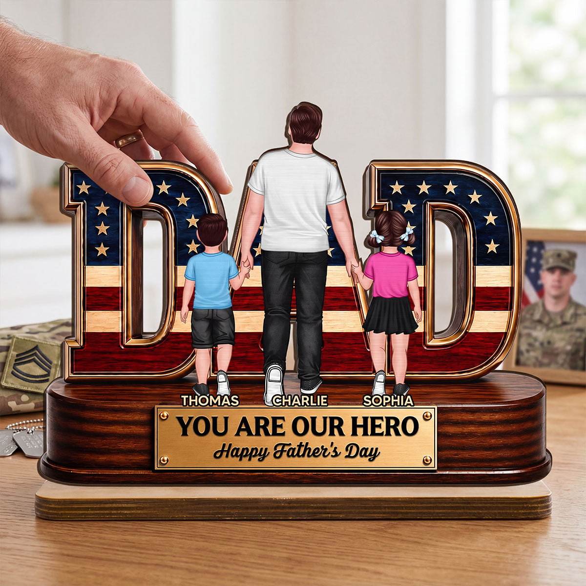 Nation Flag Dad And Kids You Are Our Hero - Personalized 2-Layered Wooden Plaque - Father's Day Gift For Dad, Husband