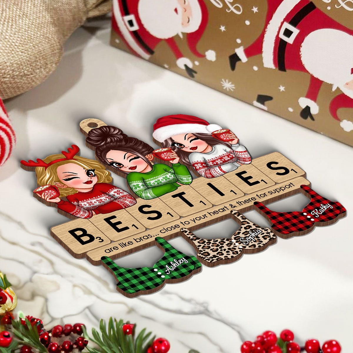 Friends Are Like Bras Girls Sitting On Puzzle Words Personalized Wooden Ornament