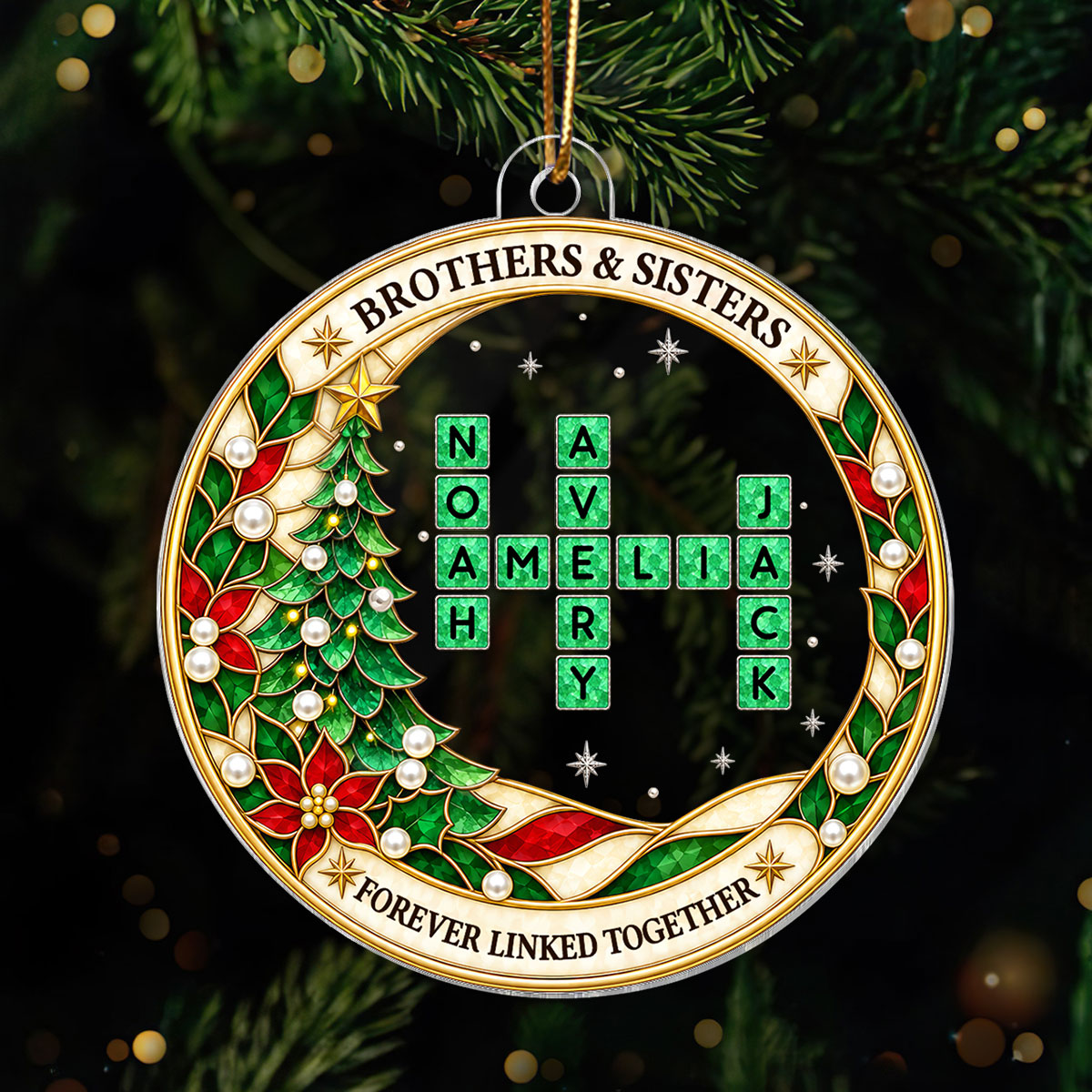 Christmas Tree Brothers & Sisters Forever Linked Together Crossword Custom Names - Personalized Acrylic Ornament - Christmas Gift For Siblings, Brothers, Sisters