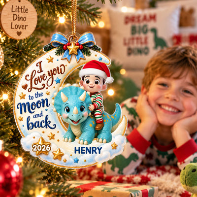 Kid & Dinosaur On Moon - Personalized Acrylic Ornament - Christmas Gift For Grandkid, Boys, Girls