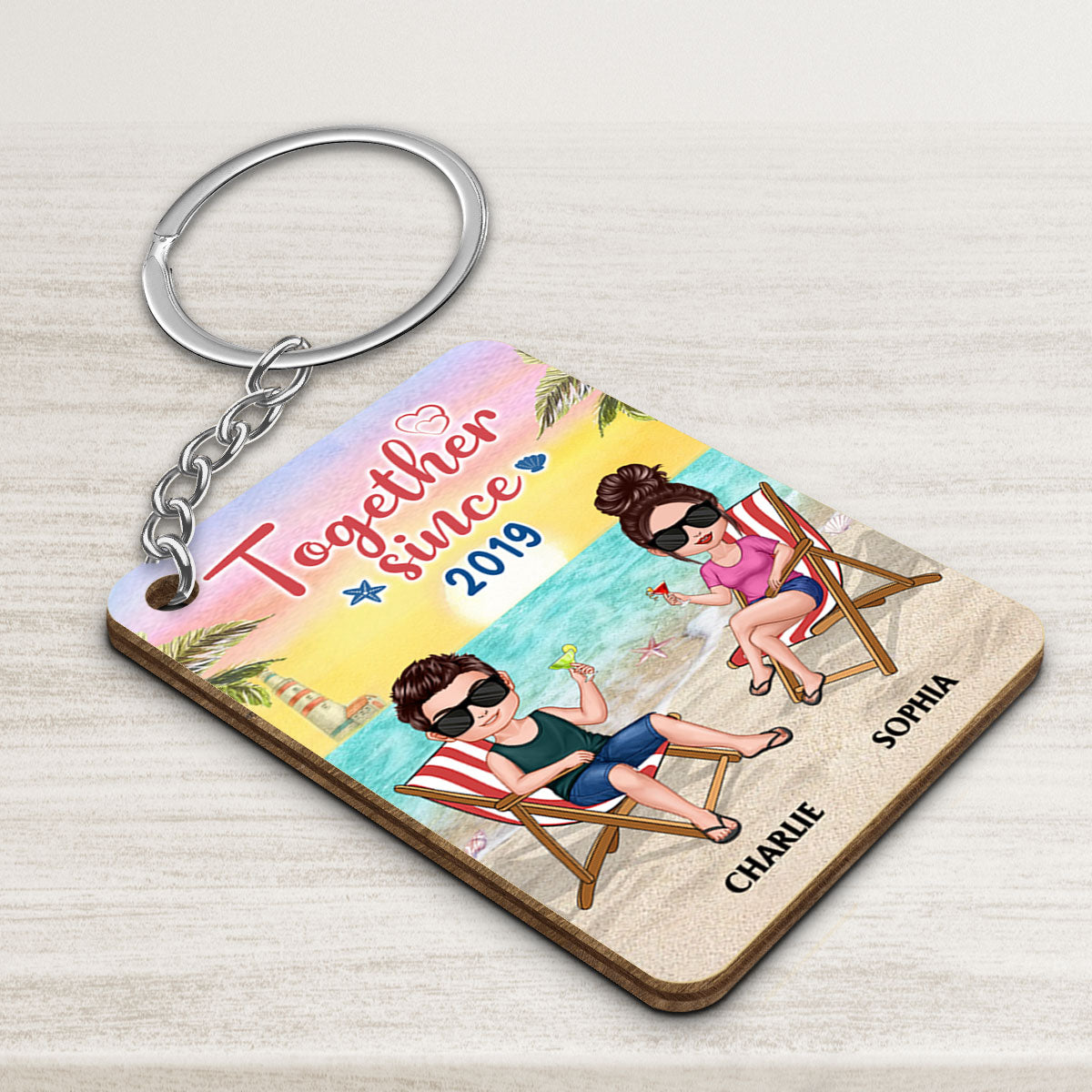 Couple Love To The Beach And Back Personalized Wooden Keychain