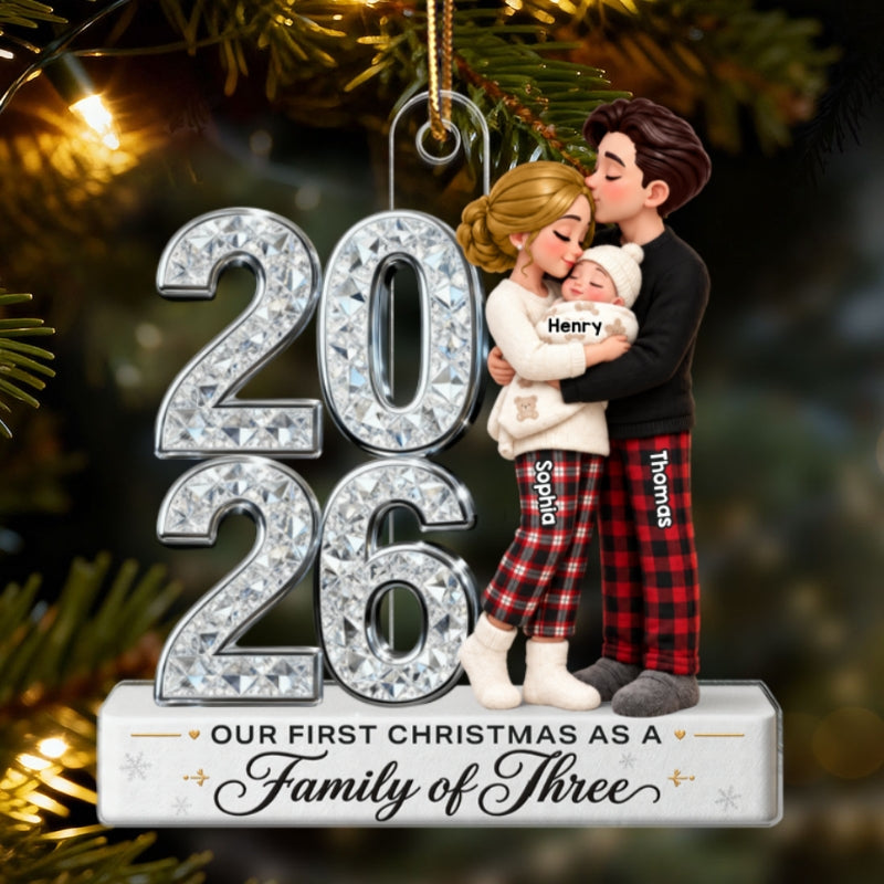Our First Christmas As Family Of Three Custom Year 2D Flat Printed - Personalized Acrylic Ornament - Christmas Tree Keepsake For New Parents