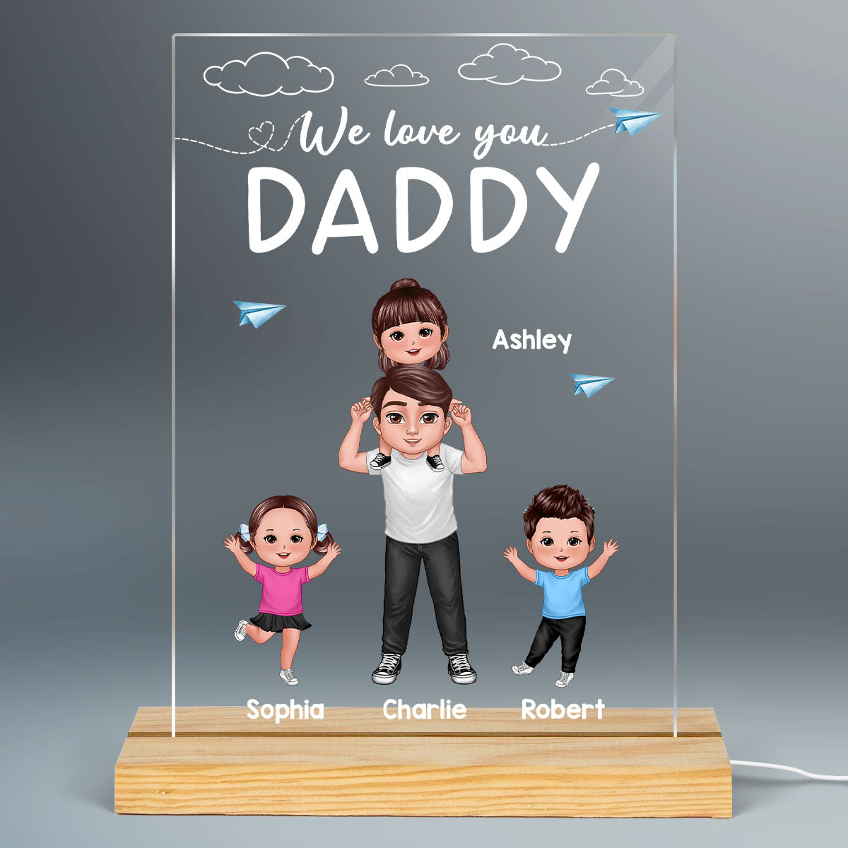 Dad We Love You Doll Dad Piggyback With Happy Kids Personalized Rectangle Acrylic Plaque LED Night Light