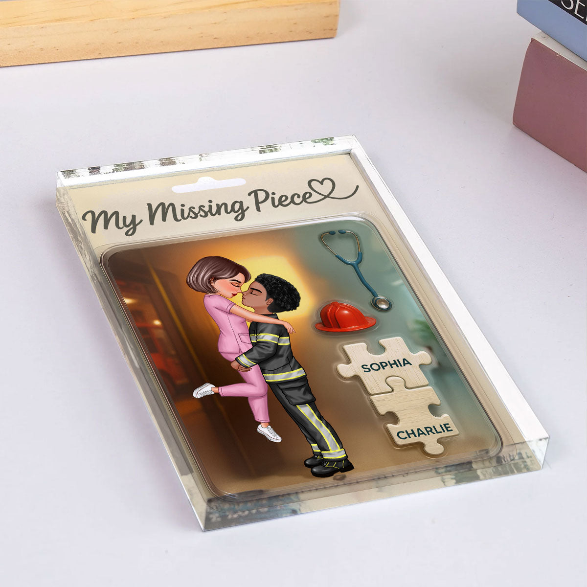 My Missing Piece Firefighter Nurse Doll Couple Personalized Acrylic Block Plaque, Gift for Him, Gift for Her