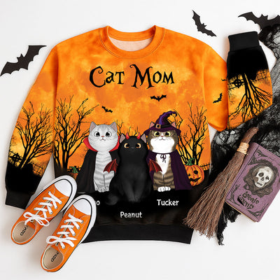 Cat Mom Halloween Moon Light Bat Tree Personalized Sweatshirt, Purrfect Costume for Cat Lover