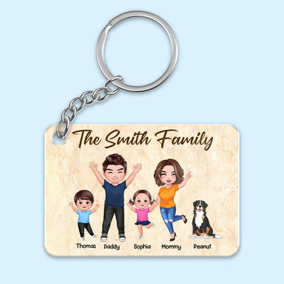 Happy Doll Family Couple Dad Mom Kids Dogs Cats Personalized Acrylic Keychain