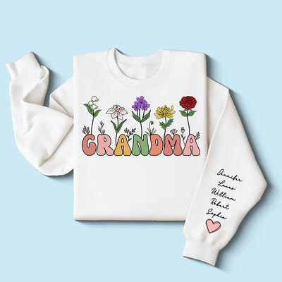 Grandma Retro Birth Month Flower Gift Personalized Sleeve Printed Sweatshirt