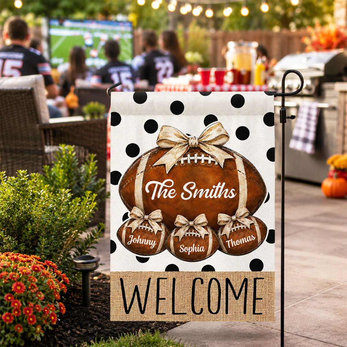 Polkadot Hello Football Season Custom Family Names - Personalized Garden Flag - Football Season Decor For Family