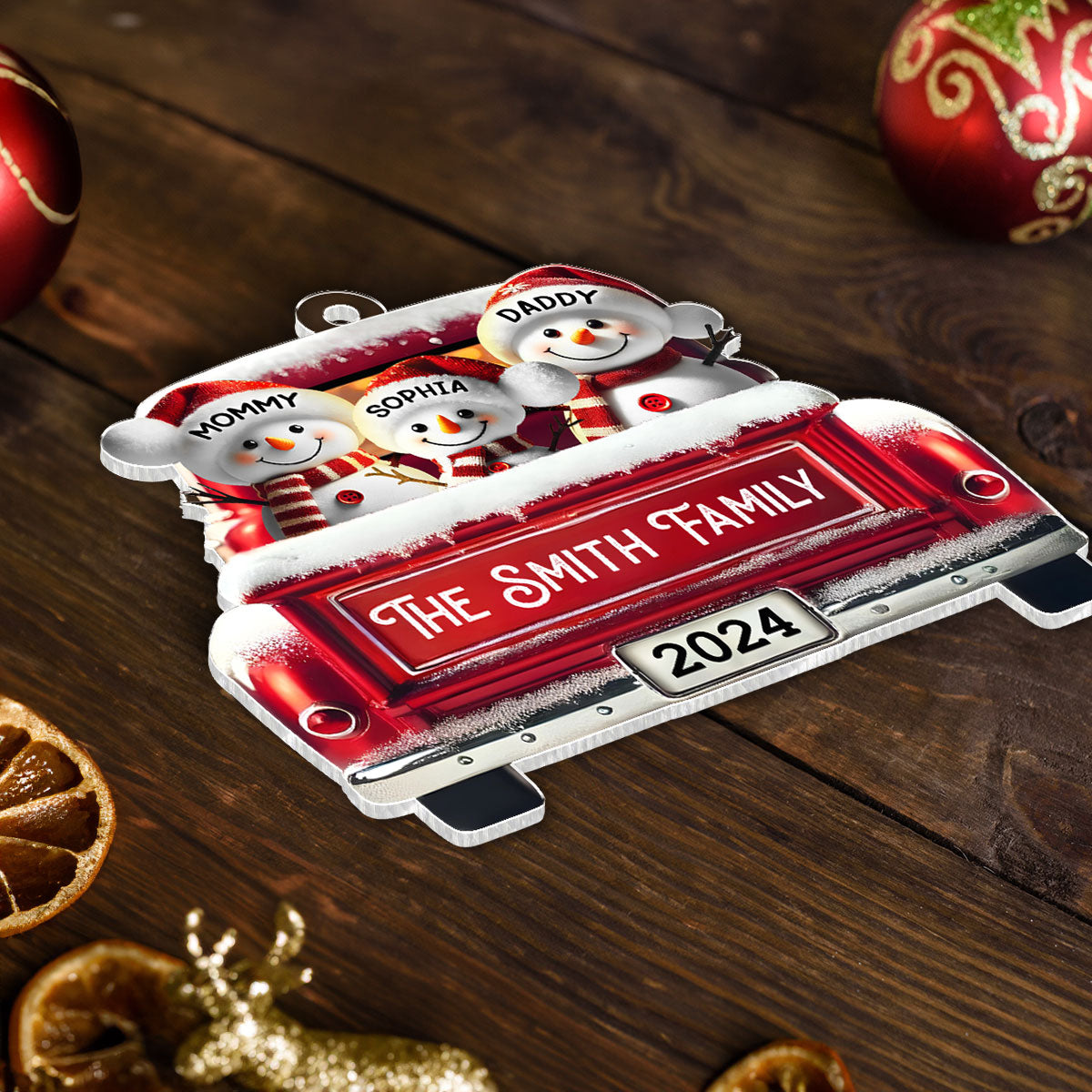 Personalized Snowman Family Acrylic Christmas Ornament, Red Truck Custom Name 3D Effect Ornament