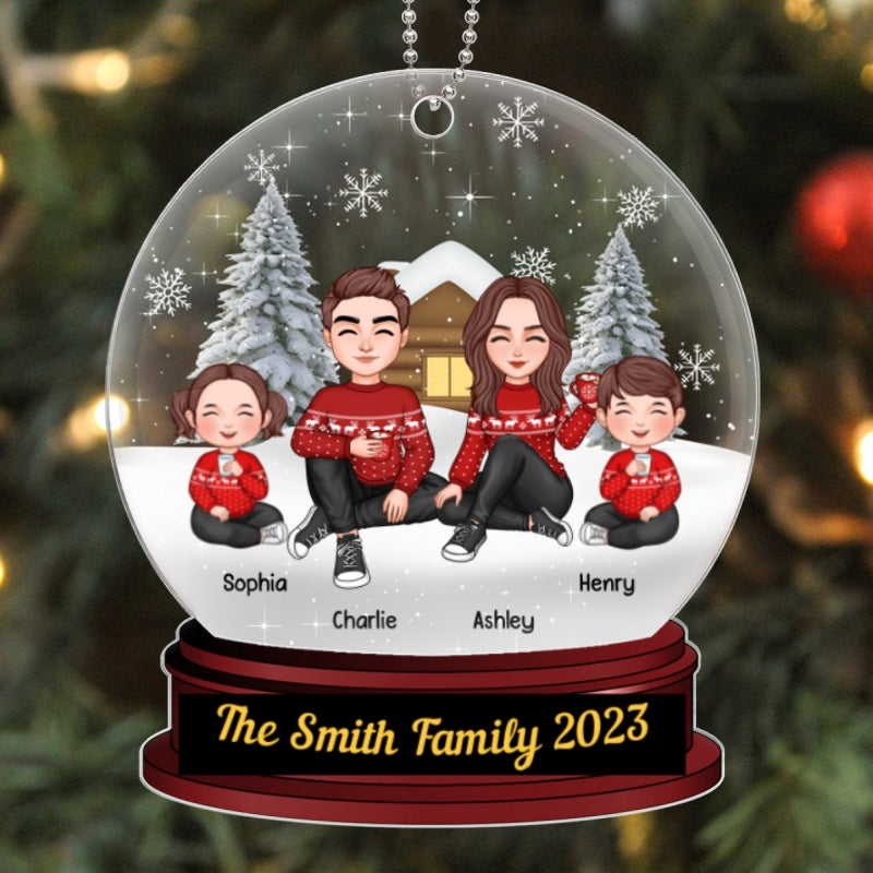 Family Sitting In Snow Globe Christmas Personalized Acrylic Ornament