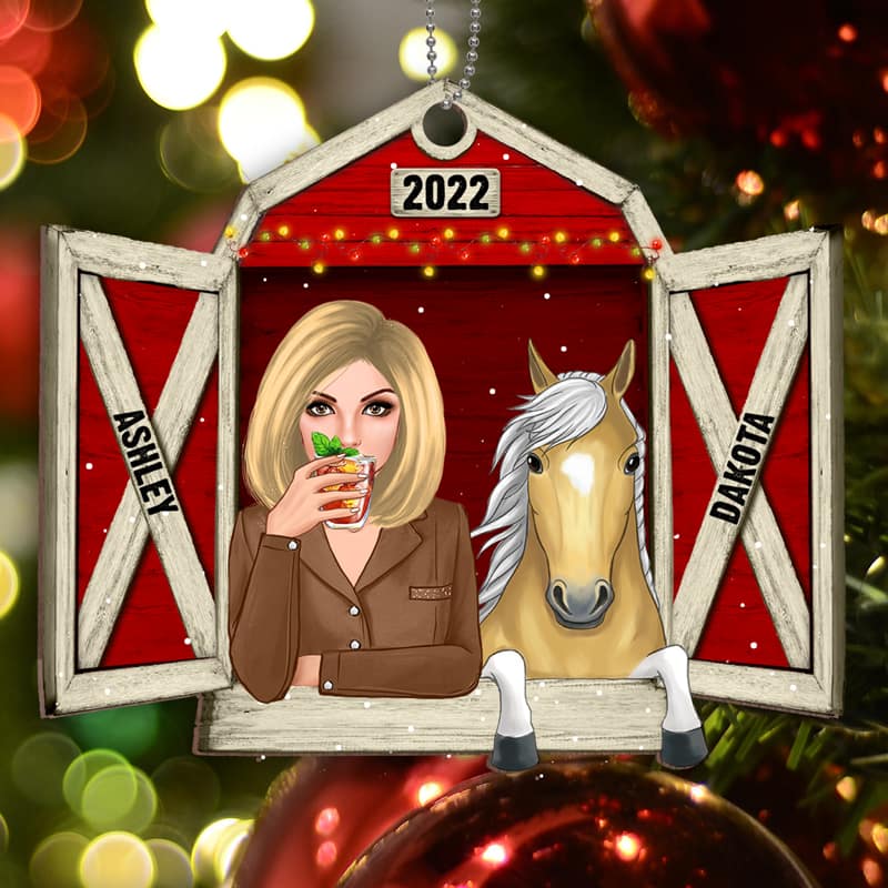 Girl & Horse At Barn Personalized Wooden Ornament