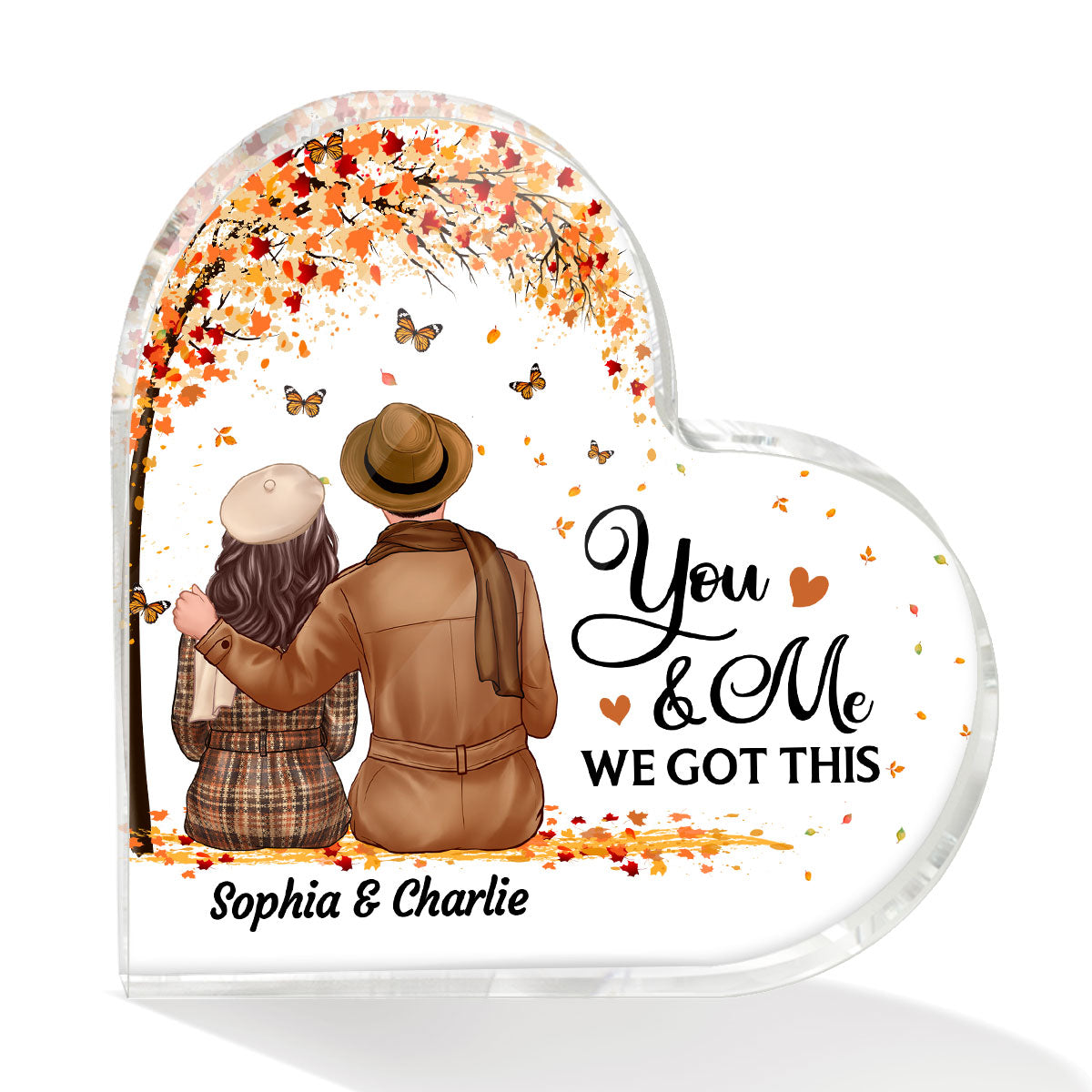 Embracing Fall Season Couple Sitting Under Tree Personalized Acrylic Heart Plaque